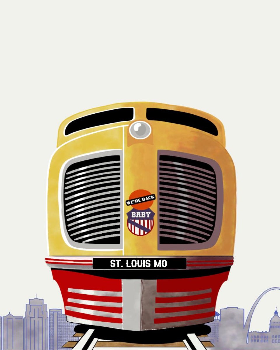 Illustrated vintage streamliner train with a St. Louis MO nameplate, the Kansas City and St. Louis skylines behind it